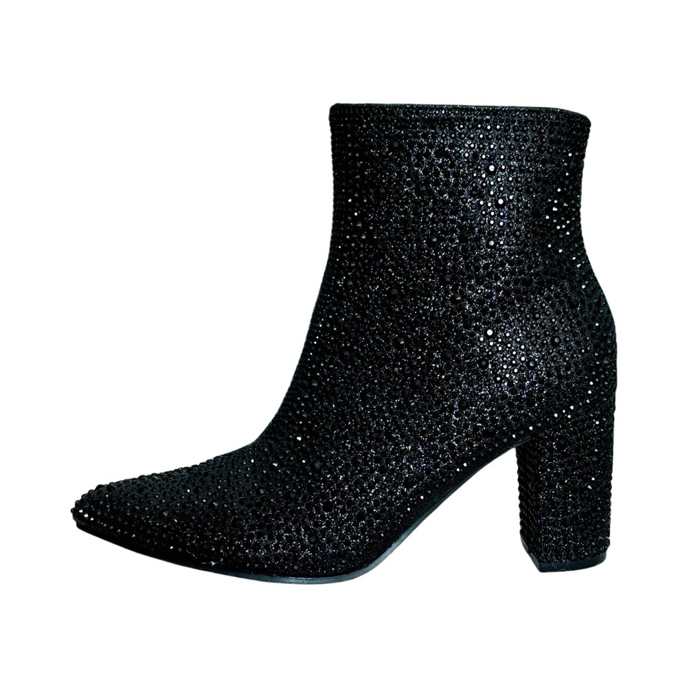 Rhinestone Ankle Boots, Block Heel, Black, Size 7